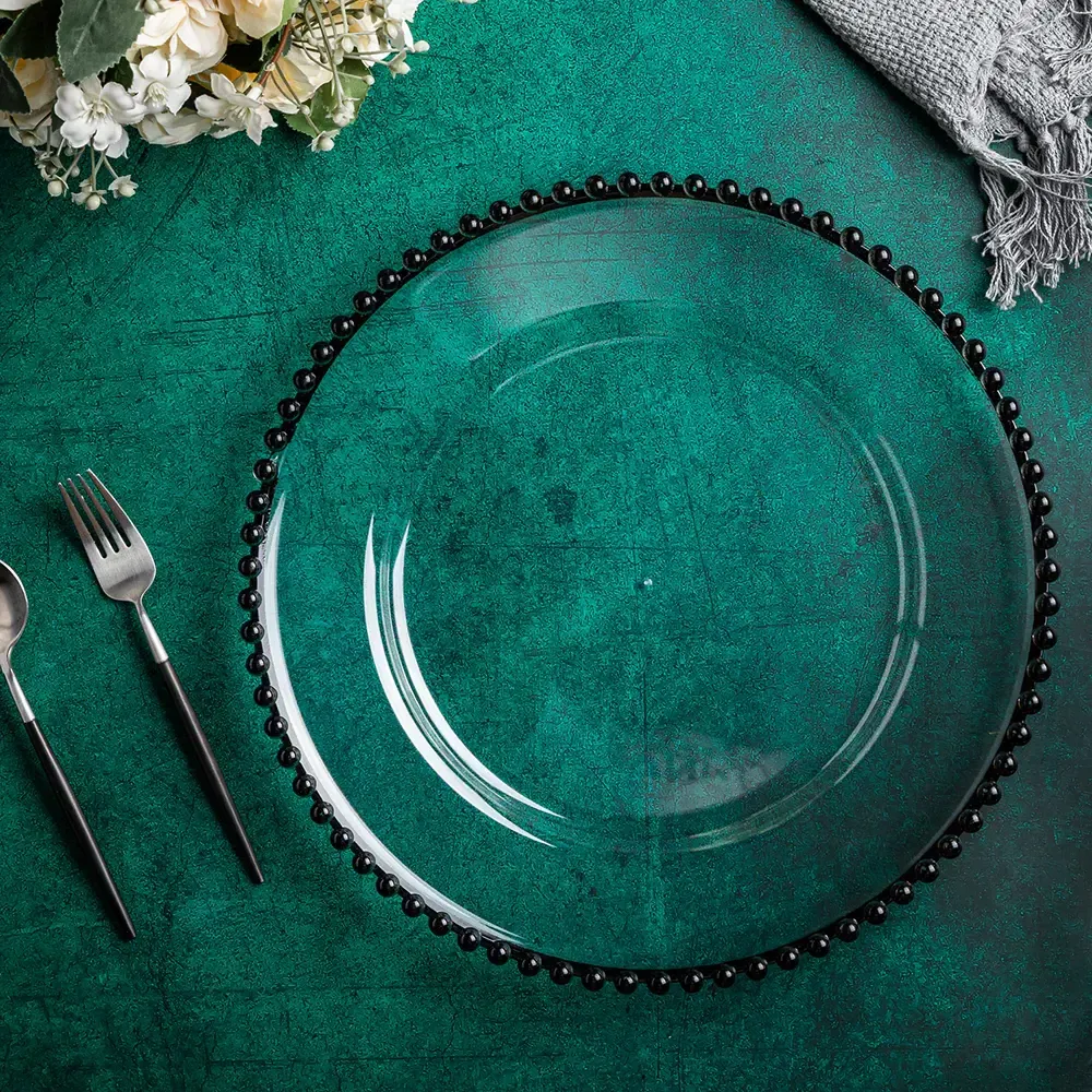 Clear Charger Plates with Black Beaded Edge