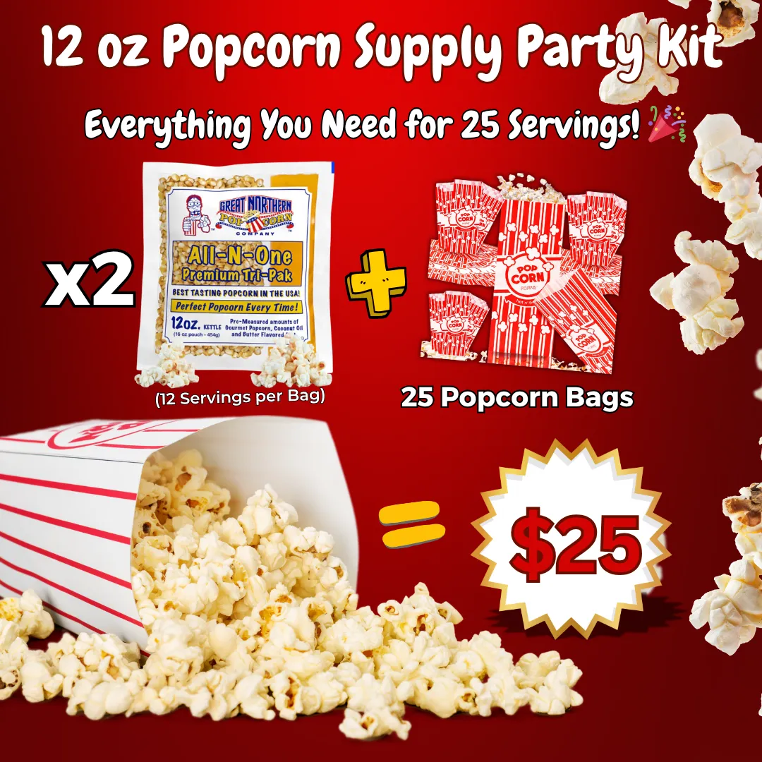 12 oz Popcorn Supply Kit – 2 All-in-One Pouches + 25 Popcorn Bags