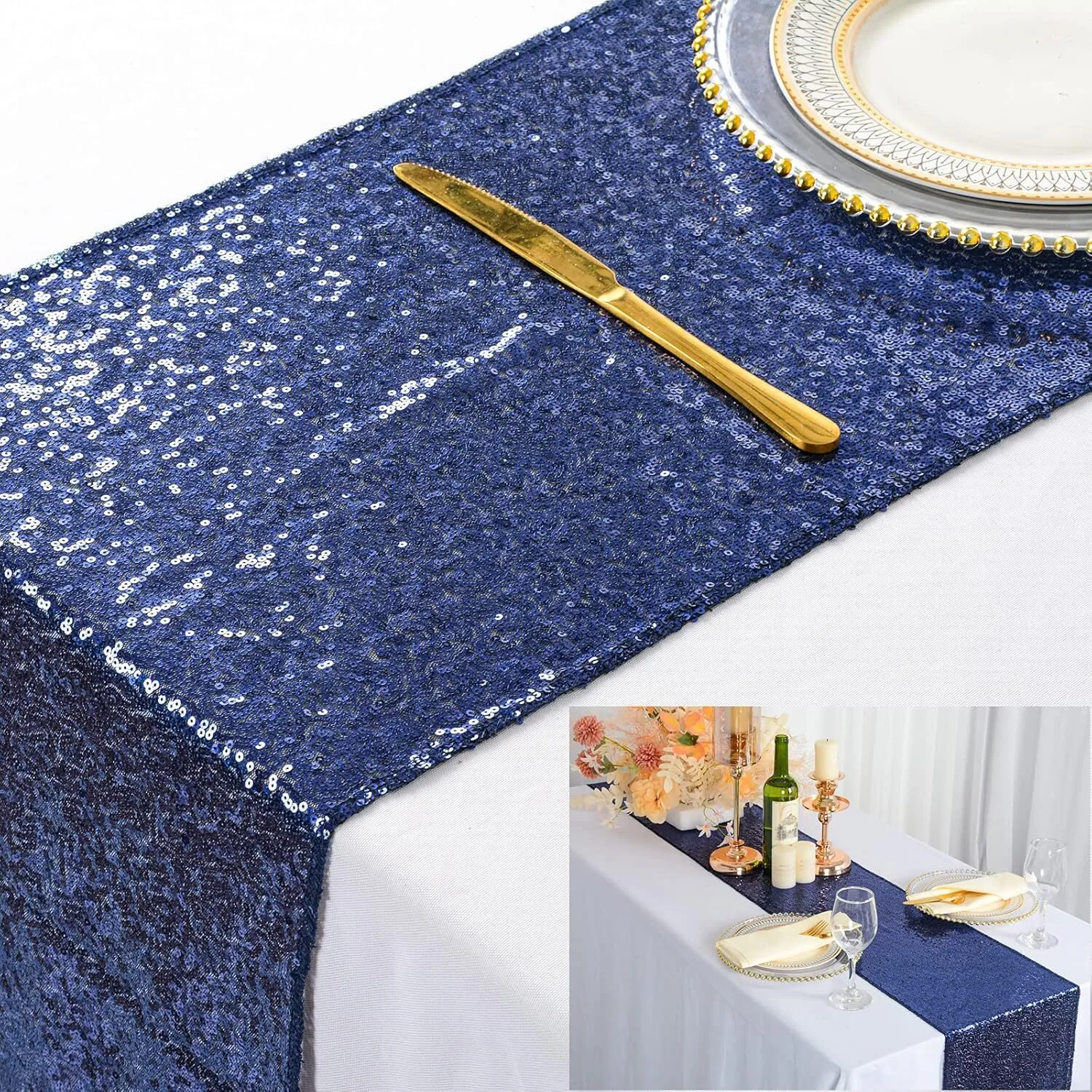 12'' x 108'' Navy Blue Sequin Table Runner