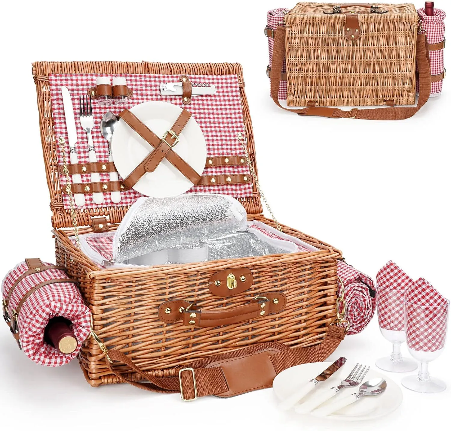 Red Plaid Picnic Basket Set for 2