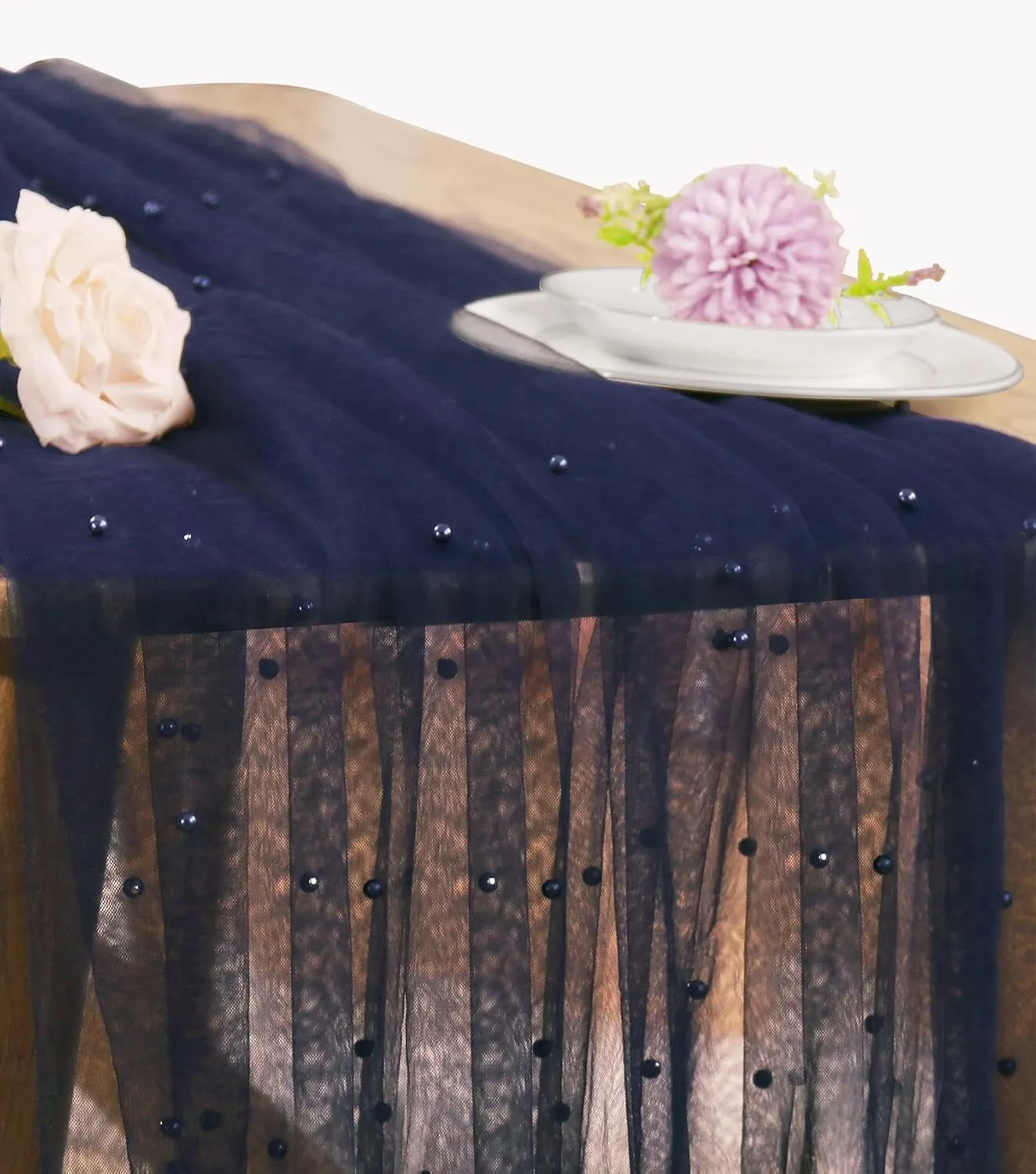 29" x 120" Navy Blue Pearl Tulle Table Runner