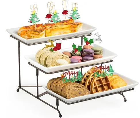 3-Tier 12" White Rectangle Tray Set with Metal Stand