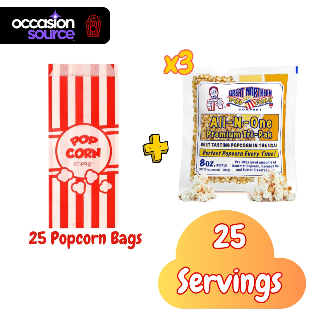 8 oz Popcorn Supply Kit – 3 All-in-One Pouches + 25 Bags