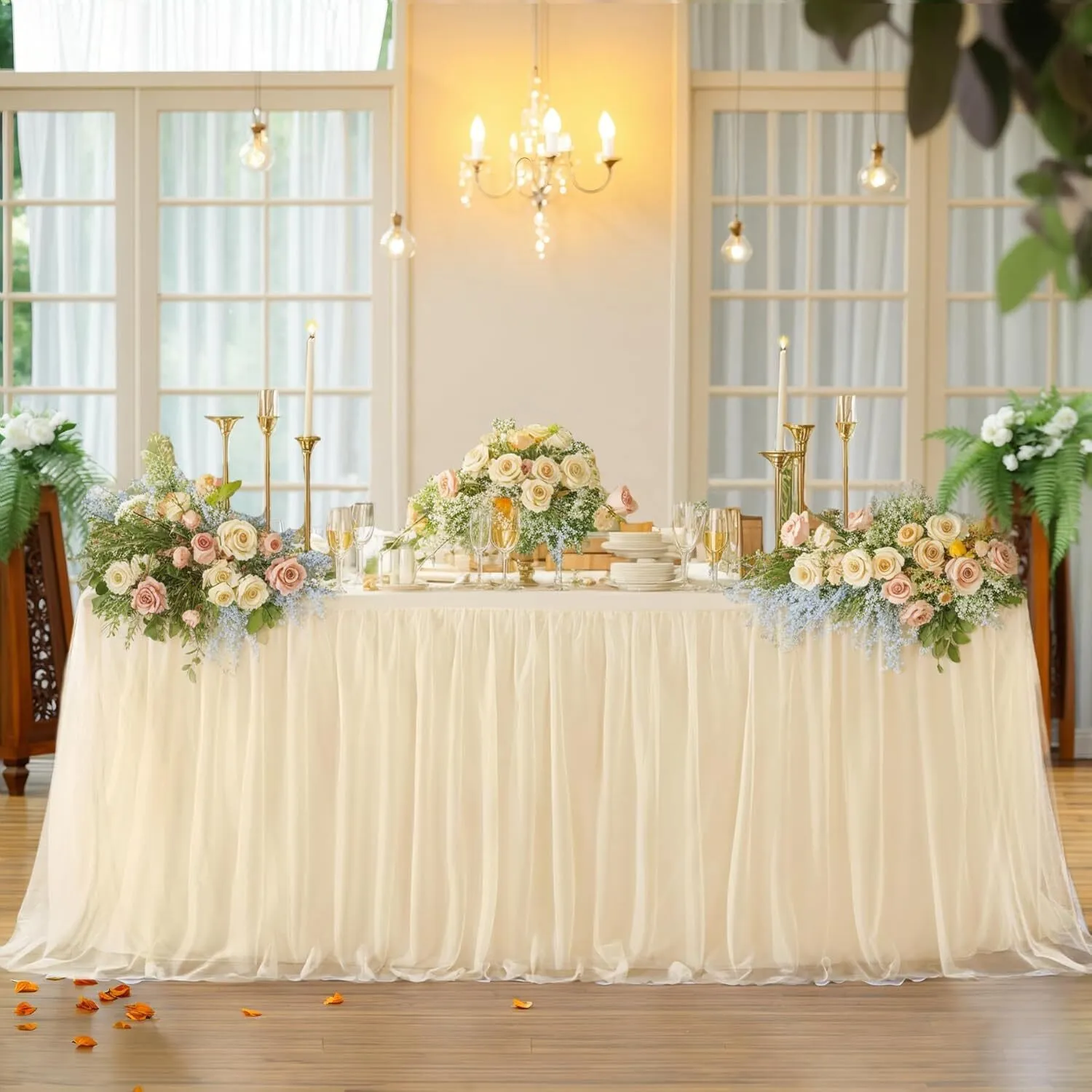 6 FT Champagne Ruffle Tulle Table Skirt
