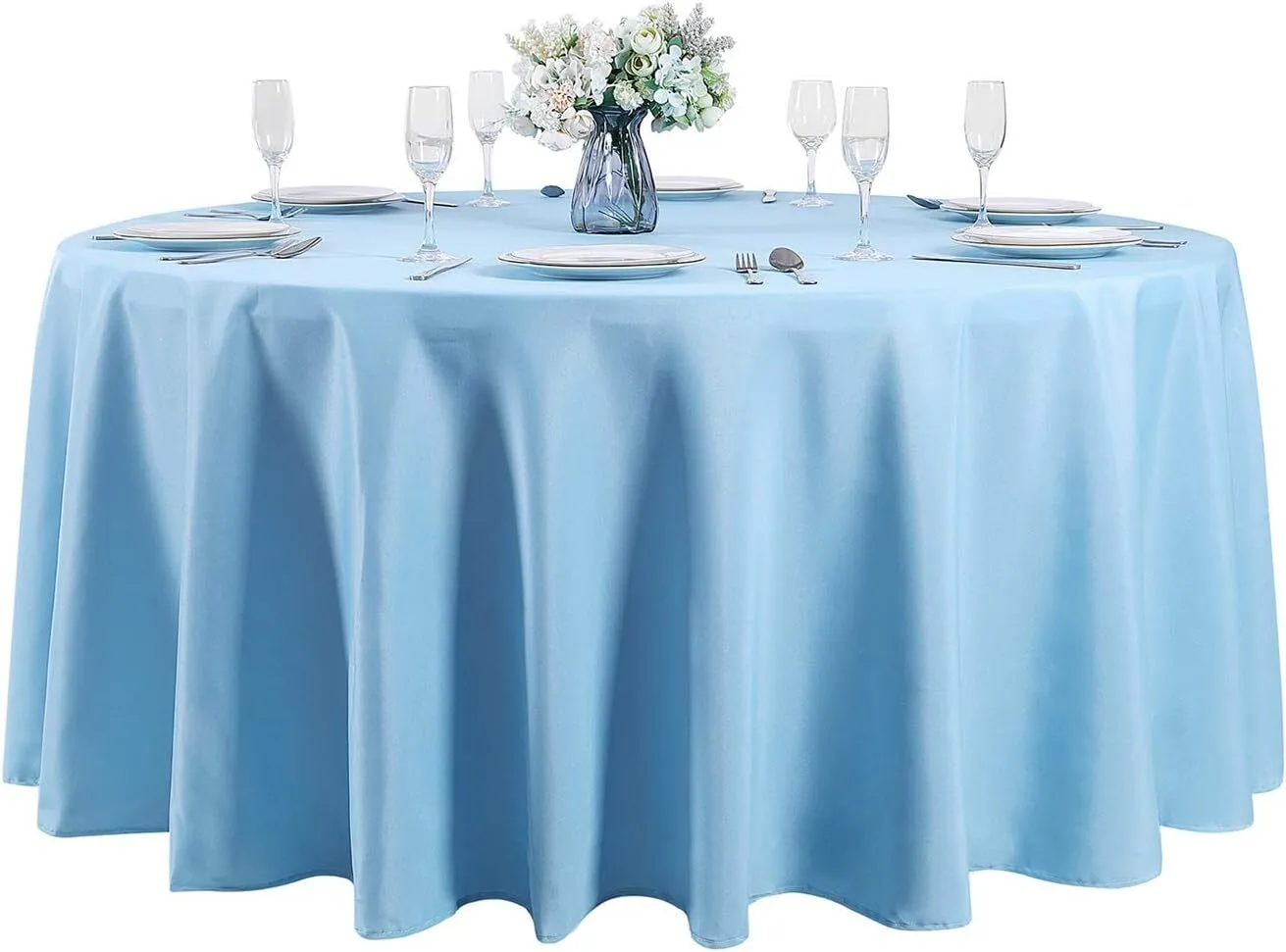 120" Baby Blue Round Polyester Tablecloth