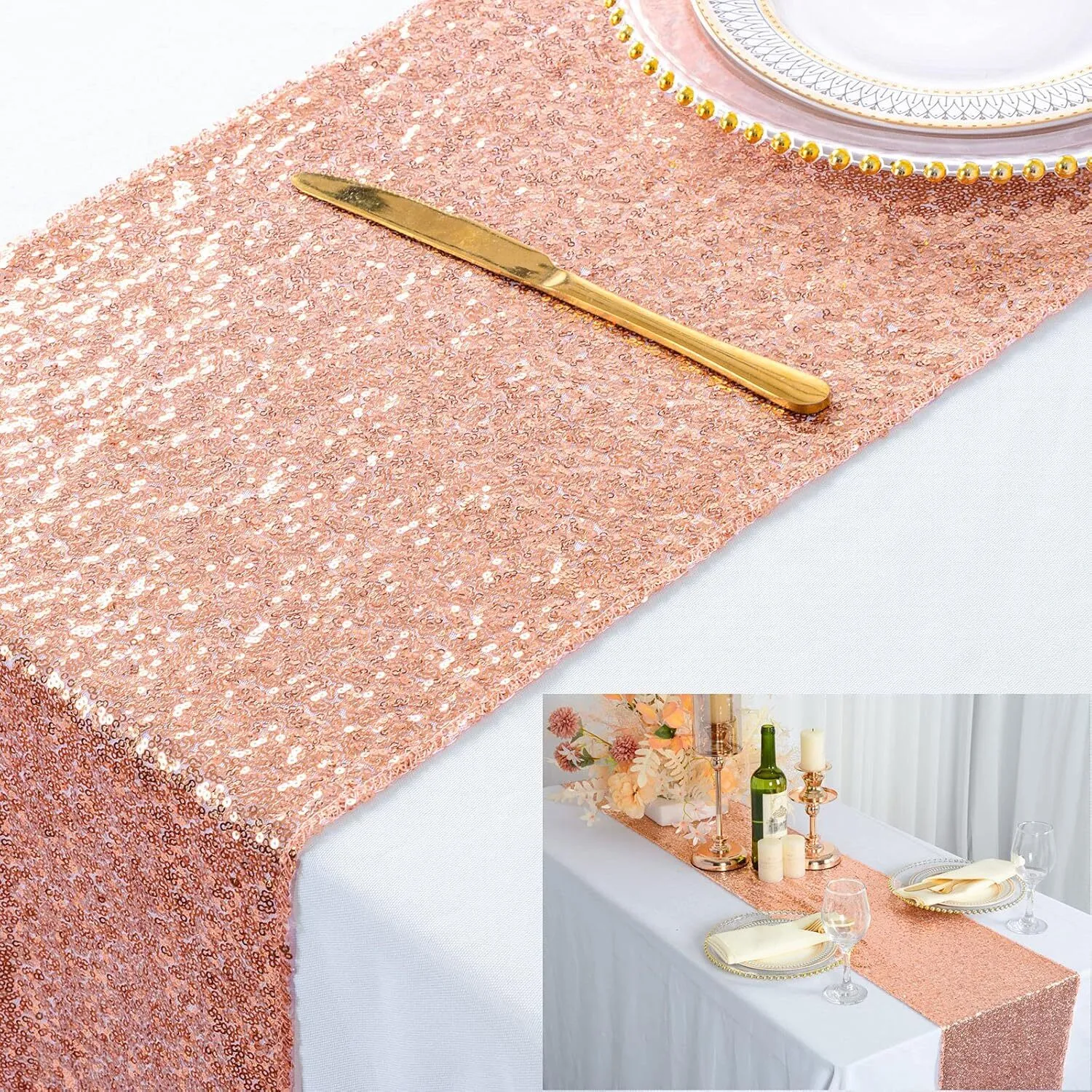 12'' x 108'' Rose Gold Sequin Table Runner