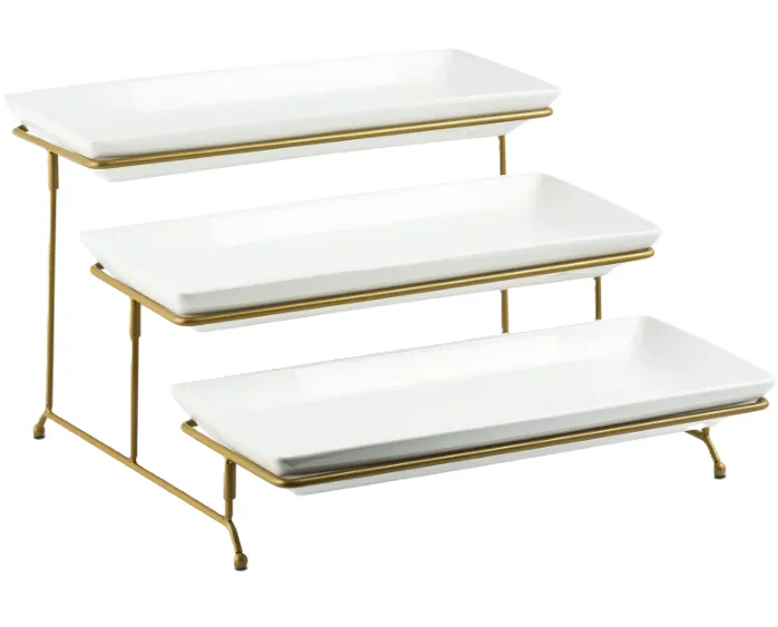 14" 3-Tier White Porcelain Platter Serving Set with Gold Stand