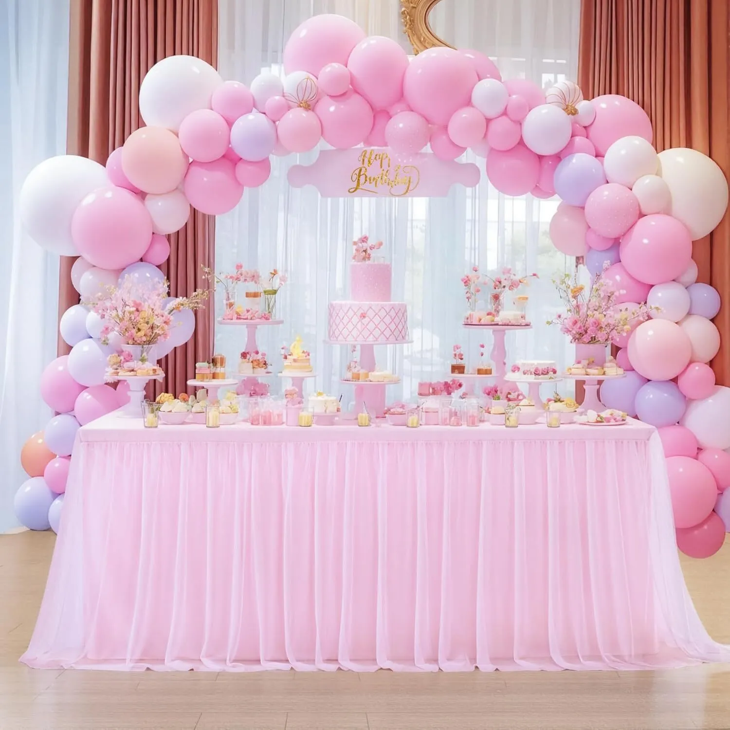 8 FT Pink Ruffle Tulle Table Skirt