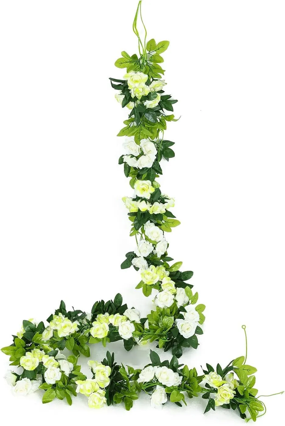 7.9 ft Off White & Green Rose Garland – Artificial Silk Floral Vine