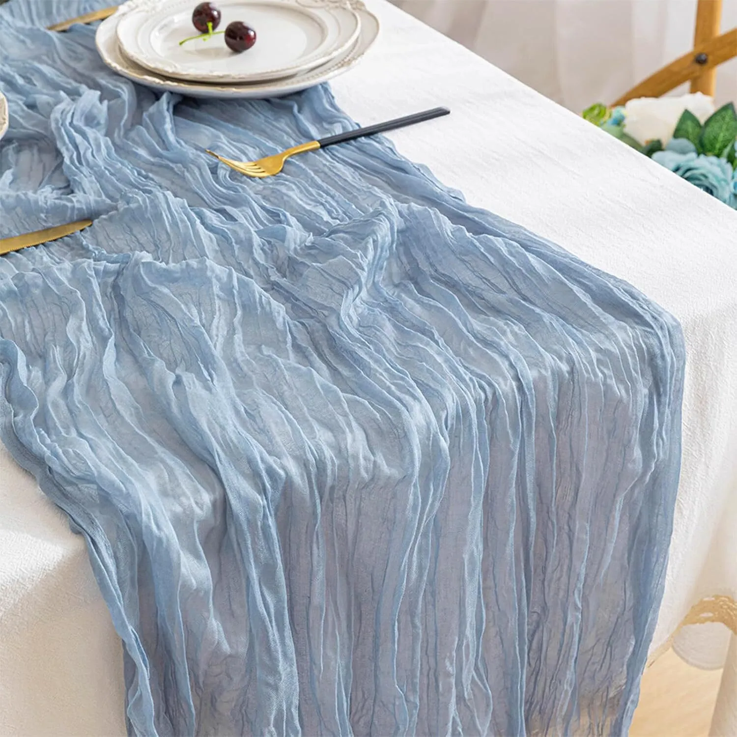 35" x 120" Dusty Blue Gauze Cheesecloth Table Runner