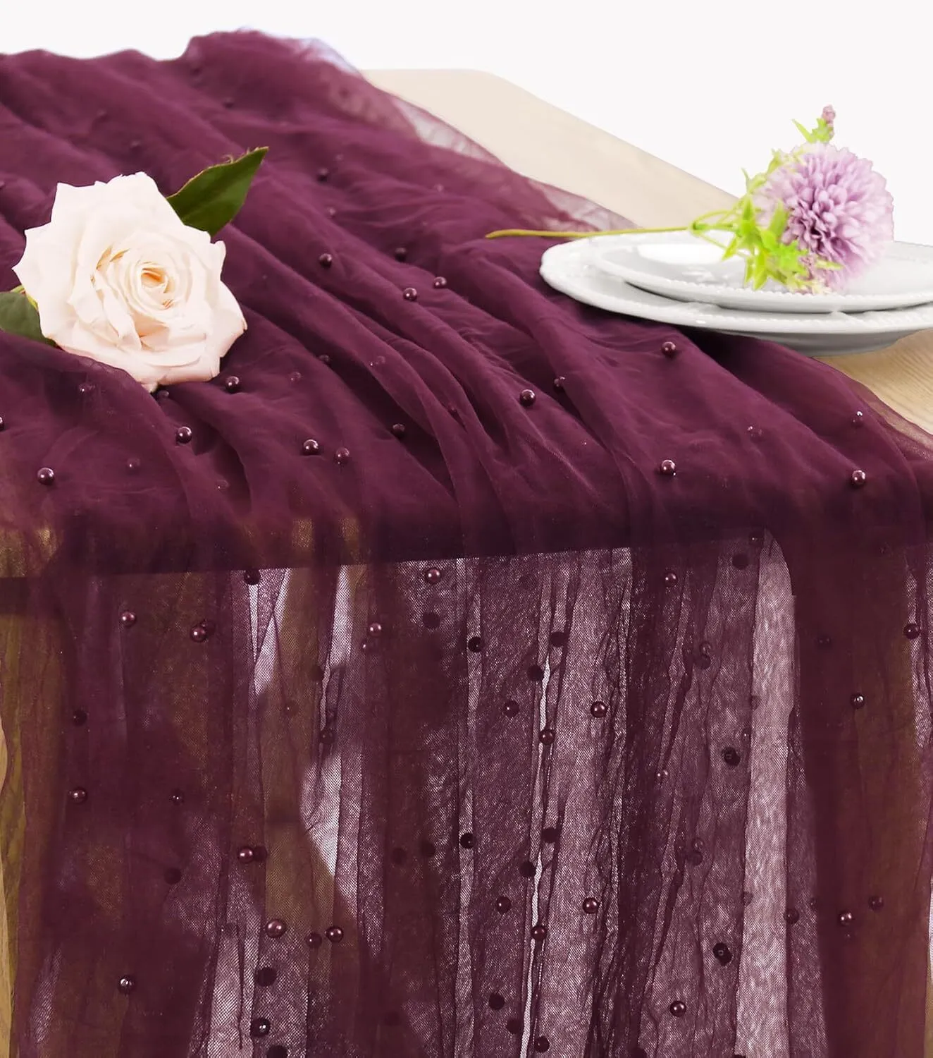 29" x 120" Burgundy Pearl Tulle Table Runner