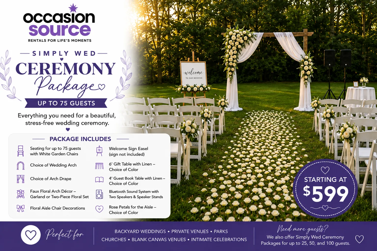 Simply Wed Ceremony Package – Up to 75 Guests
