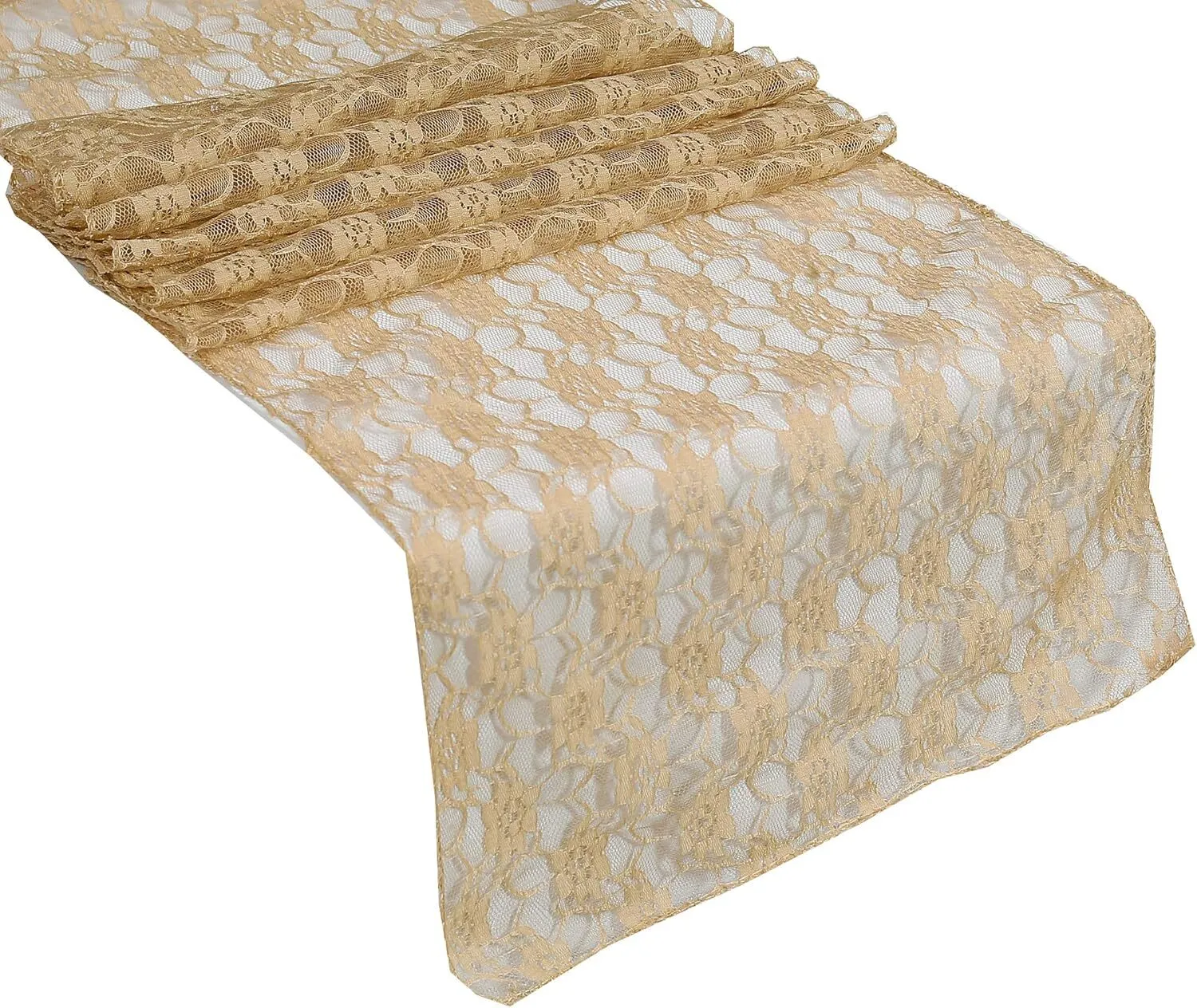 12" x 108" Champagne Gold Floral Lace Table Runner