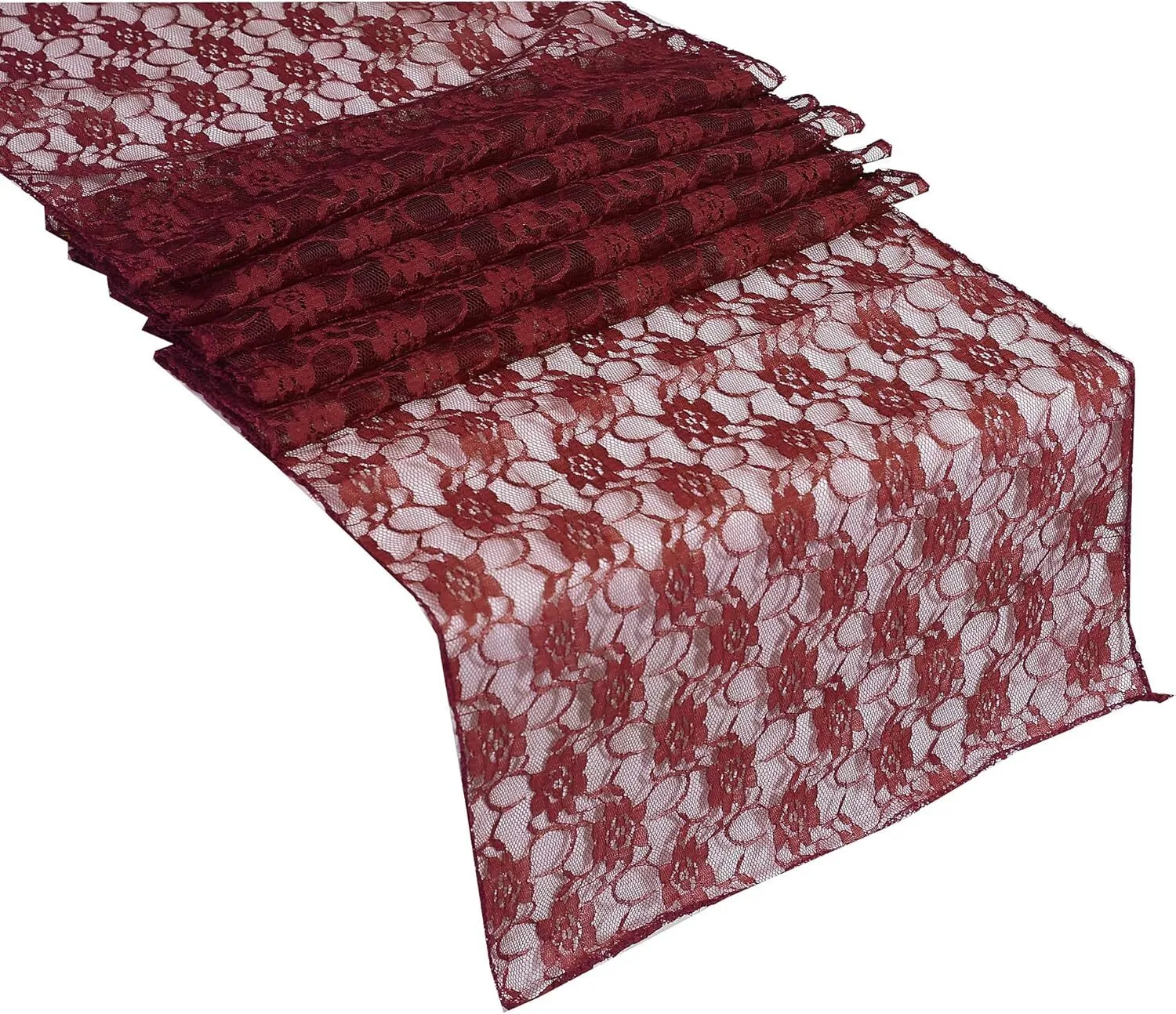 12" x 108" Maroon Floral Lace Table Runner