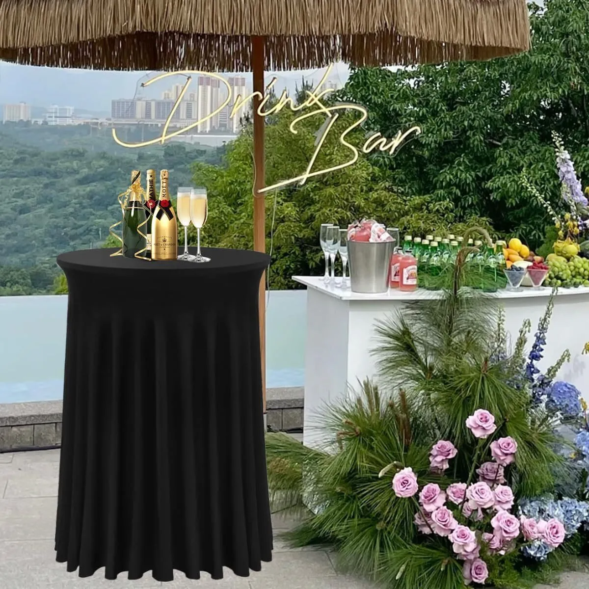 32" Black Round Spandex Cocktail Tablecloth with Skirt