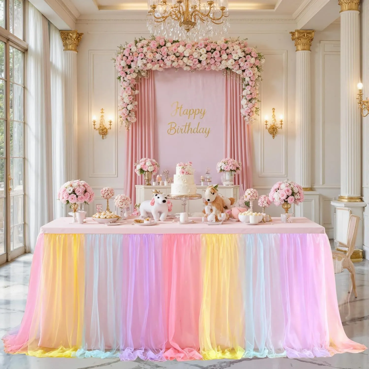 6 FT Rainbow Ruffle Tulle Table Skirt
