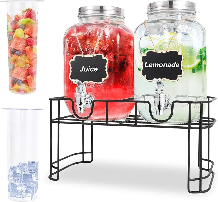 Set of 2 - 1 Gallon Glass Drink Dispensers with Stand