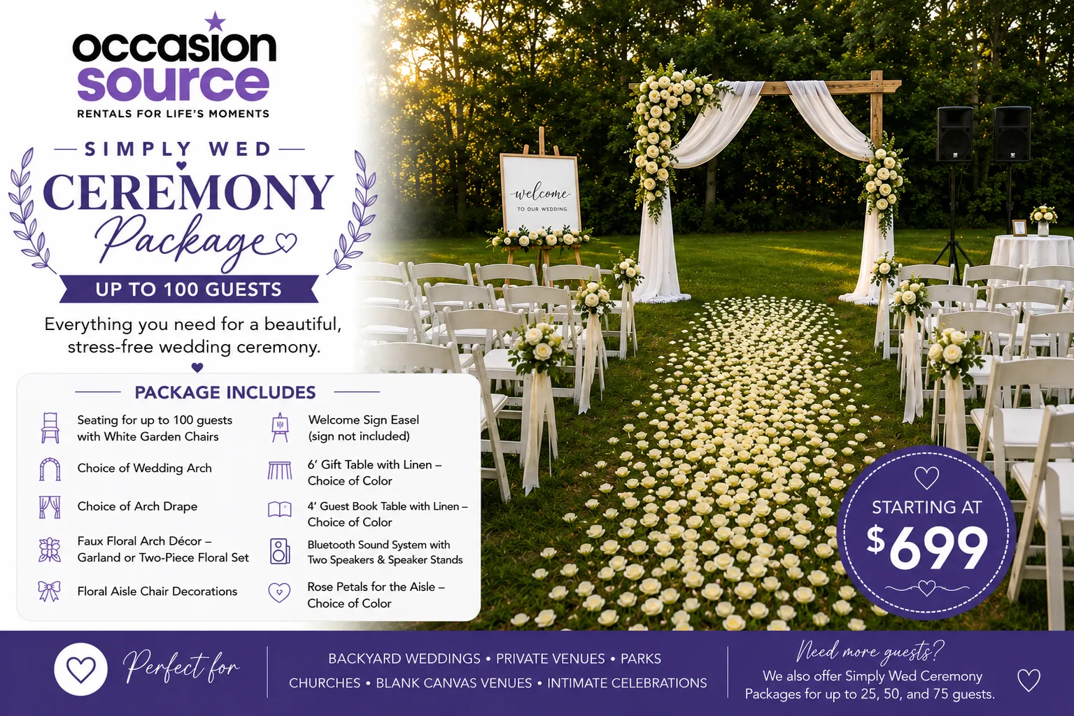 Simply Wed Ceremony Package – Up to 100 Guests