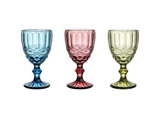 10 oz Multi-Colored Embossed Vintage Wine Goblets – Green, Red, Blue