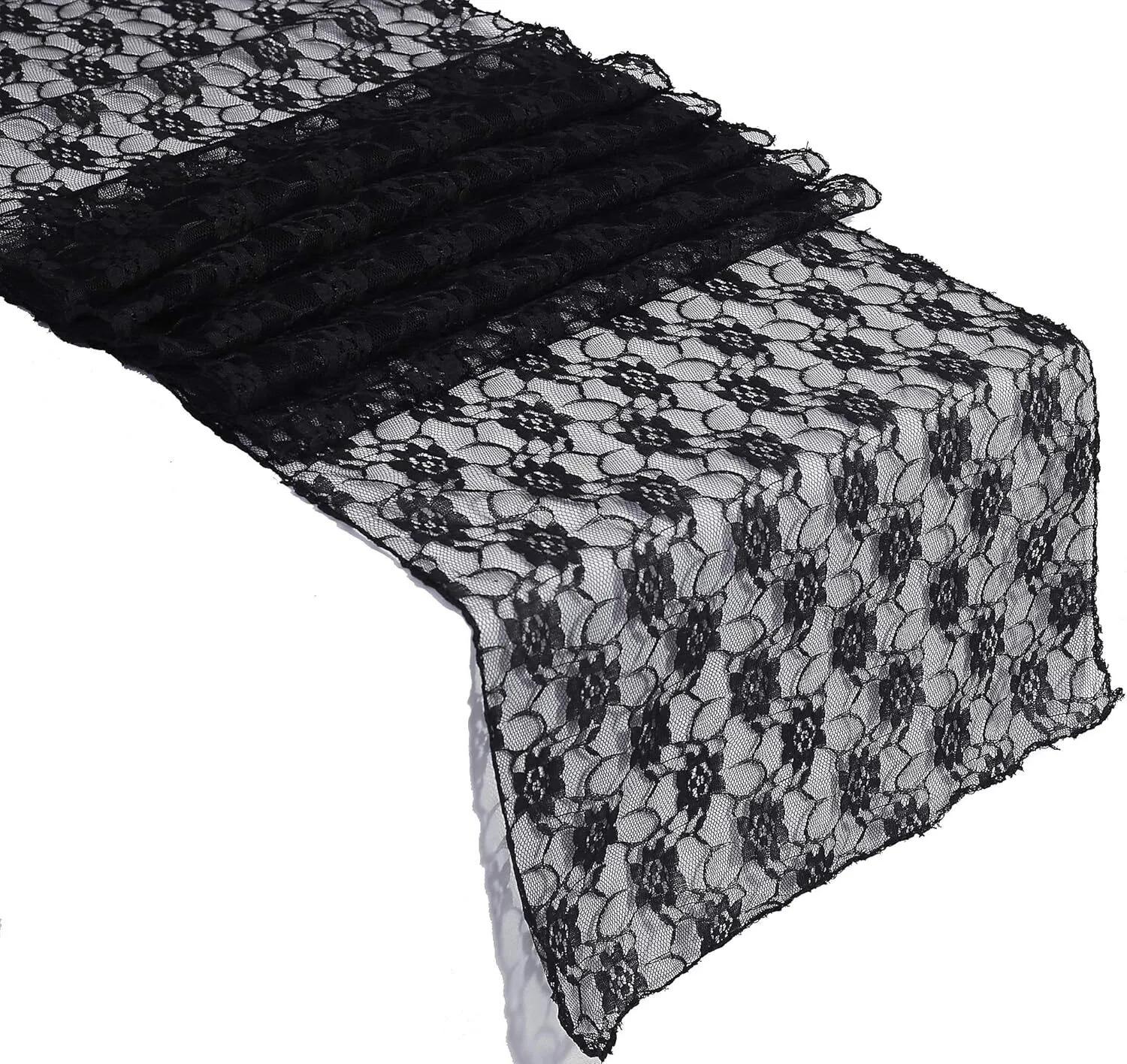 12" x 108" Black Floral Lace Table Runner