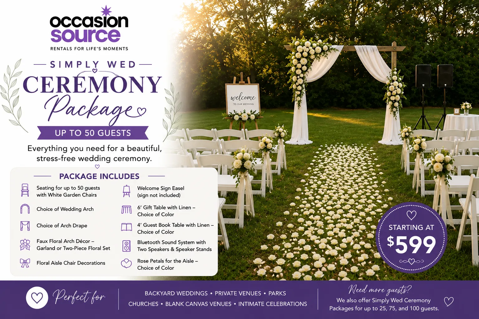 Simply Wed Ceremony Package – Up to 50 Guests
