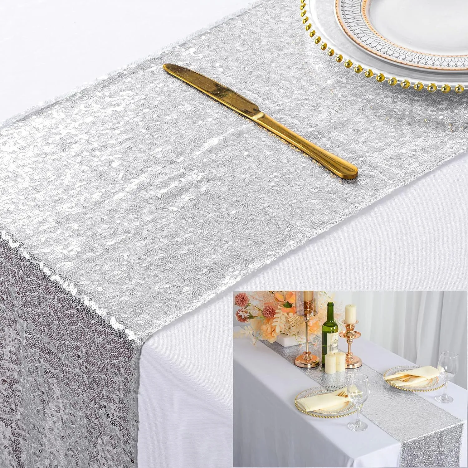 12'' x 108'' Silver Sequin Table Runner