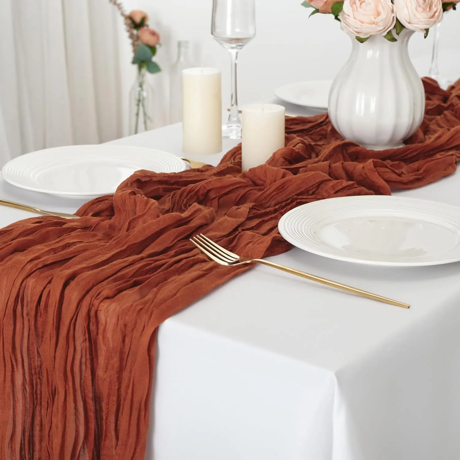 35" x 120" Terracotta Cheesecloth Table Runner