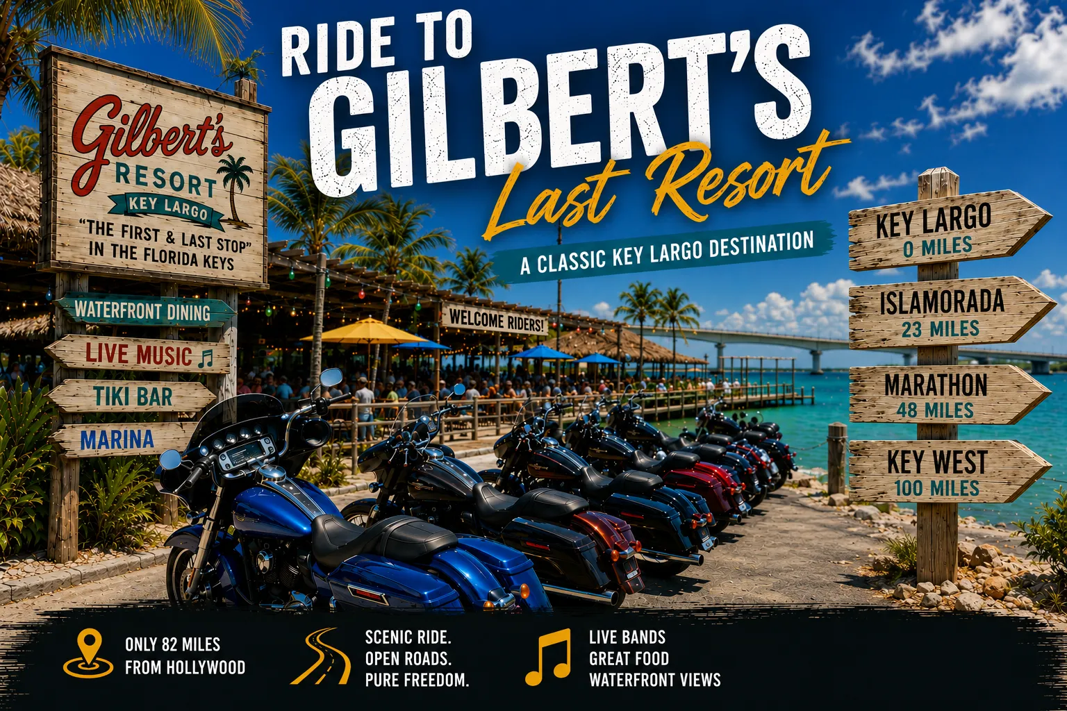 Harley-Davidson motorcycles parked at Gilbert’s Resort in Key Largo, with waterfront dining, live music, palm trees, turquoise water and Florida Keys route signs.