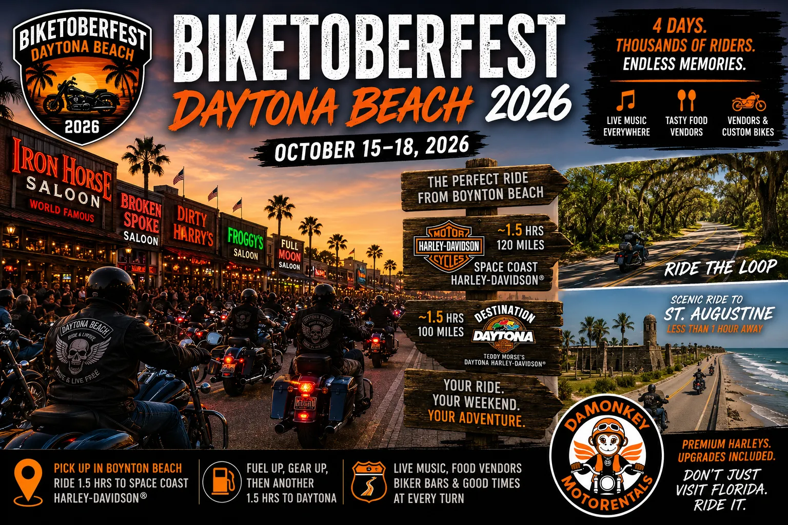 Harley riders cruise through Daytona Beach during Biketoberfest 2026, with Main Street saloons, live music, scenic Loop and St. Augustine rides, and event dates October 15–18.