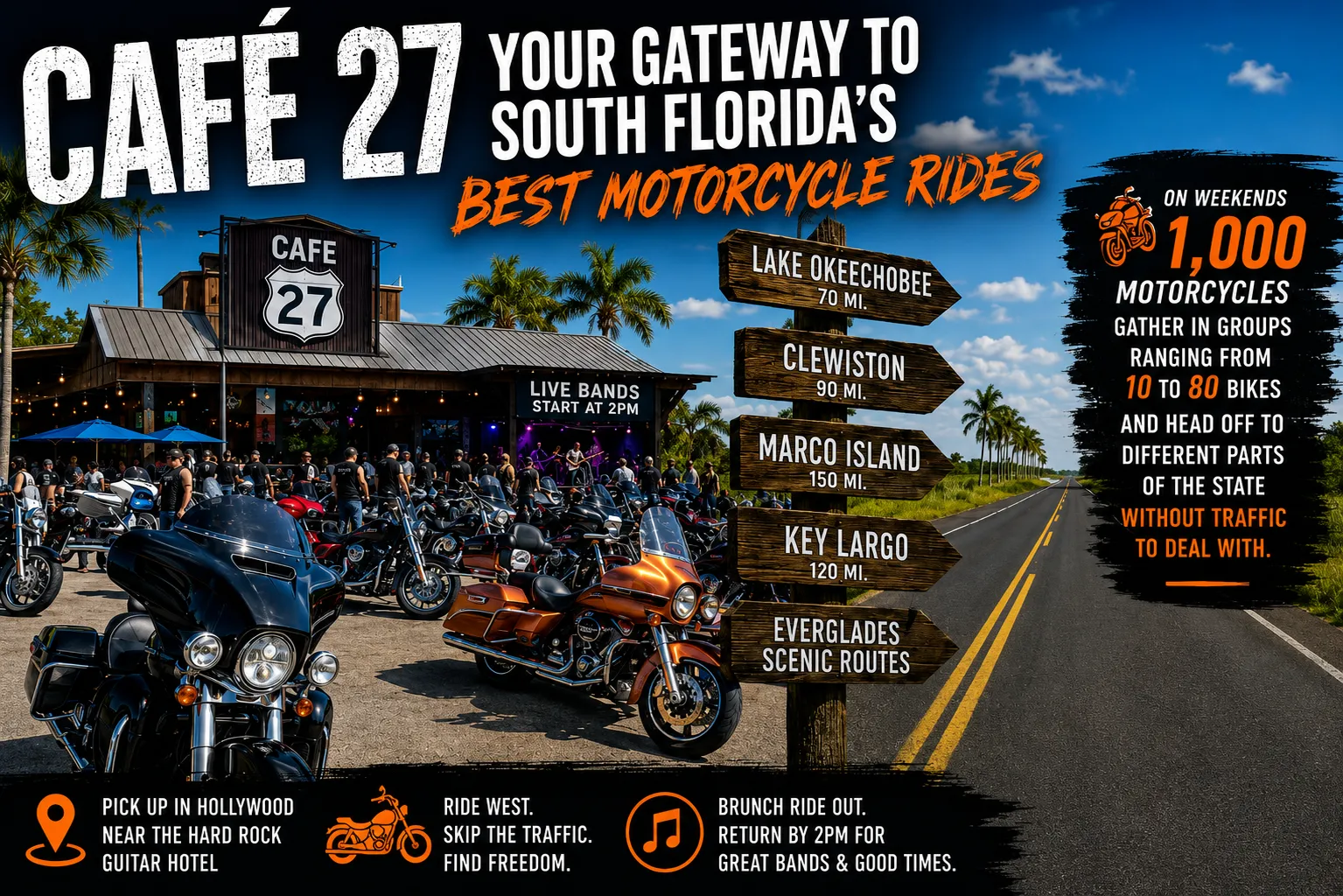 Harley-Davidson motorcycles gathered outside Café 27 beside an open Everglades highway, with route signs pointing toward Lake Okeechobee, Clewiston, Marco Island and Key Largo.
