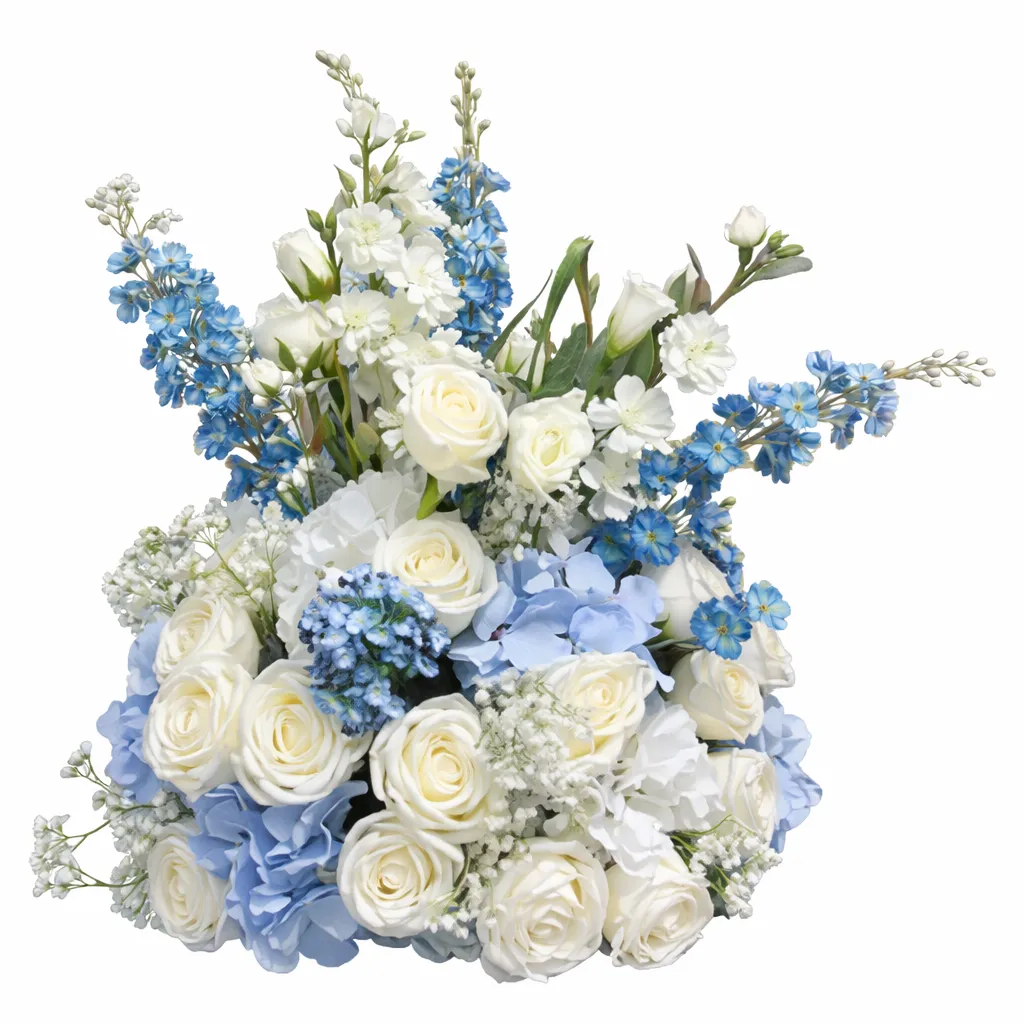 Bouquet de fleurs blanches et bleues 45cm