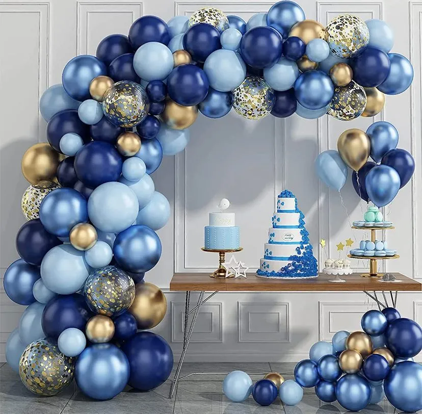 Arche de ballons bleue pâle, royal, or, métallique
