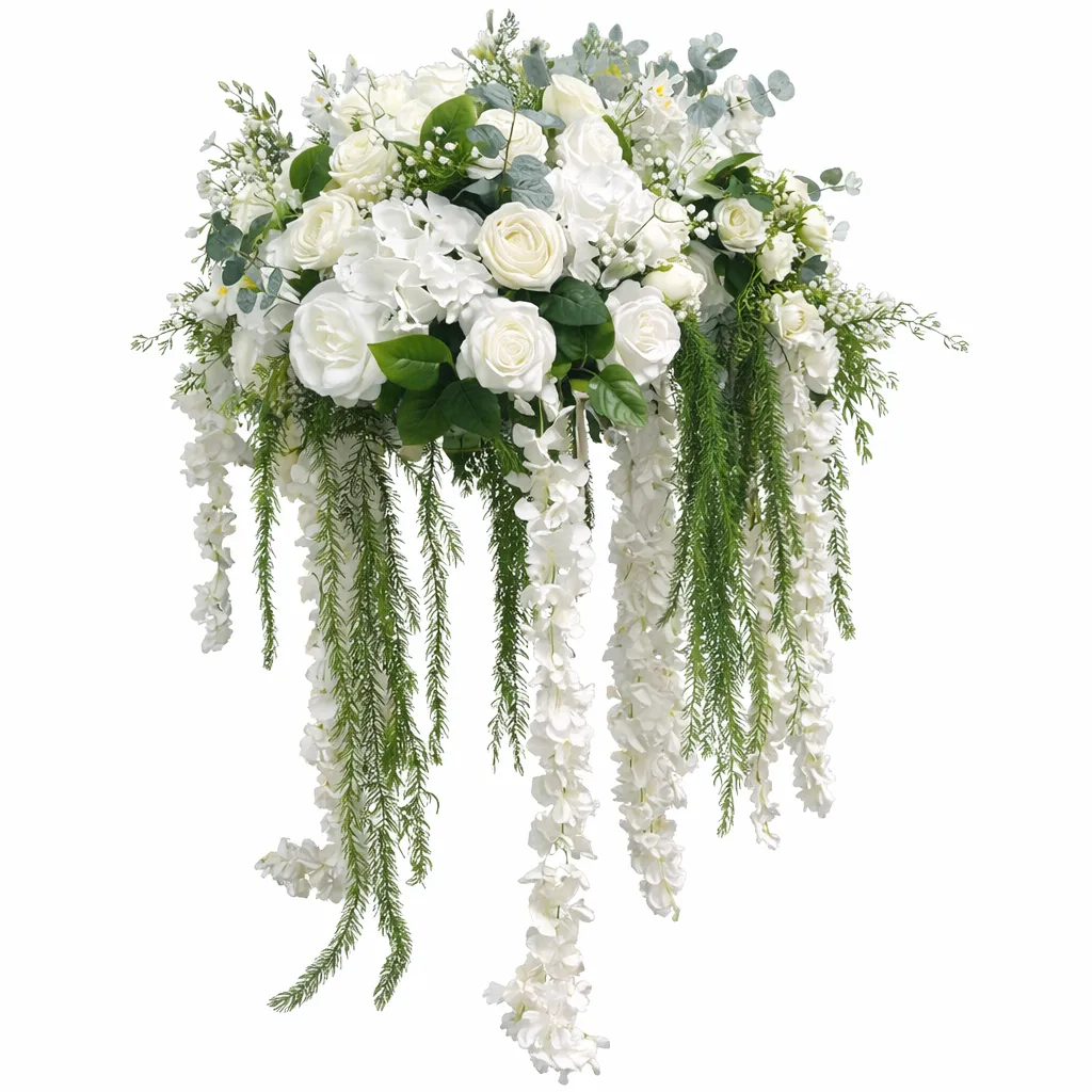 Bouquet de fleurs blanche et feuilles 50cm