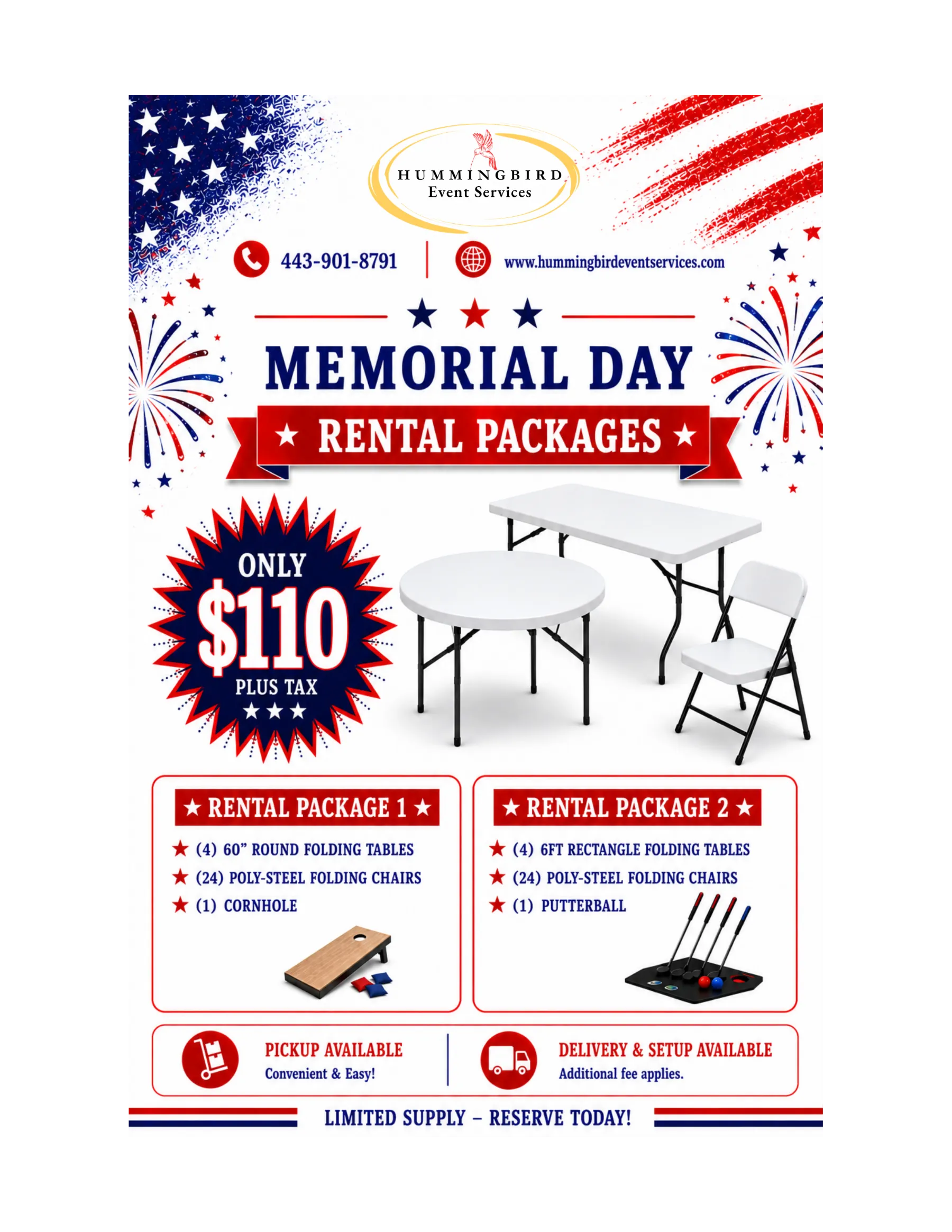 Memorial Day - Package 1: (24 Poly Chairs | 4 Round Tables | 1 Cornhole)