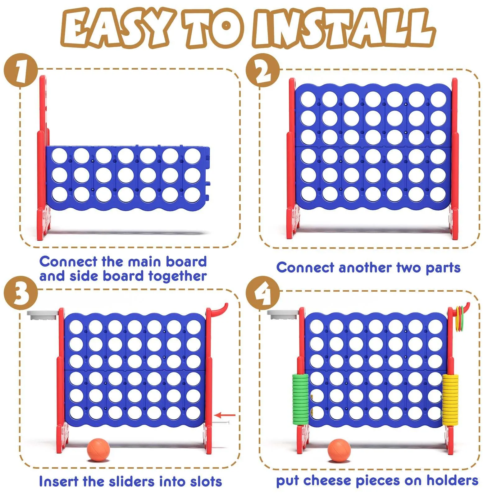 Blue Giant 4-in-A-Row, Jumbo 4-to-Score Giant Game w/Basketball Hoop, Ring Toss