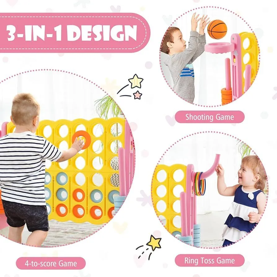 Giant 4-in-A-Row, Jumbo 4-to-Score Giant Game w/Basketball Hoop, Ring Toss