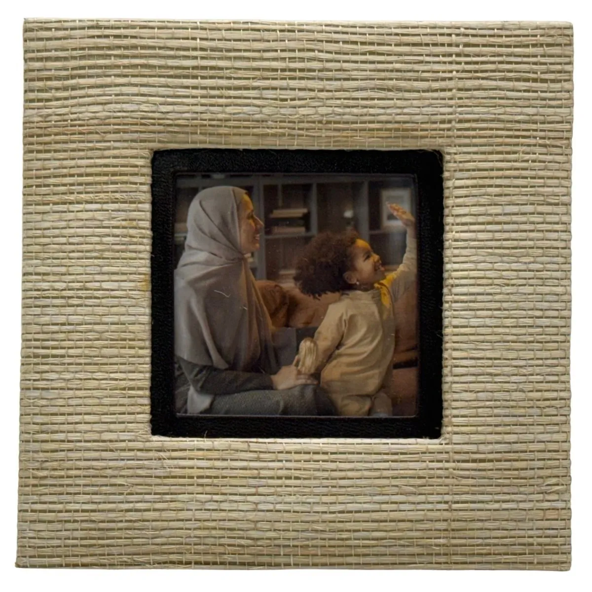 Tan Square Woven Tabletop Frame With Woman & Child Photograph