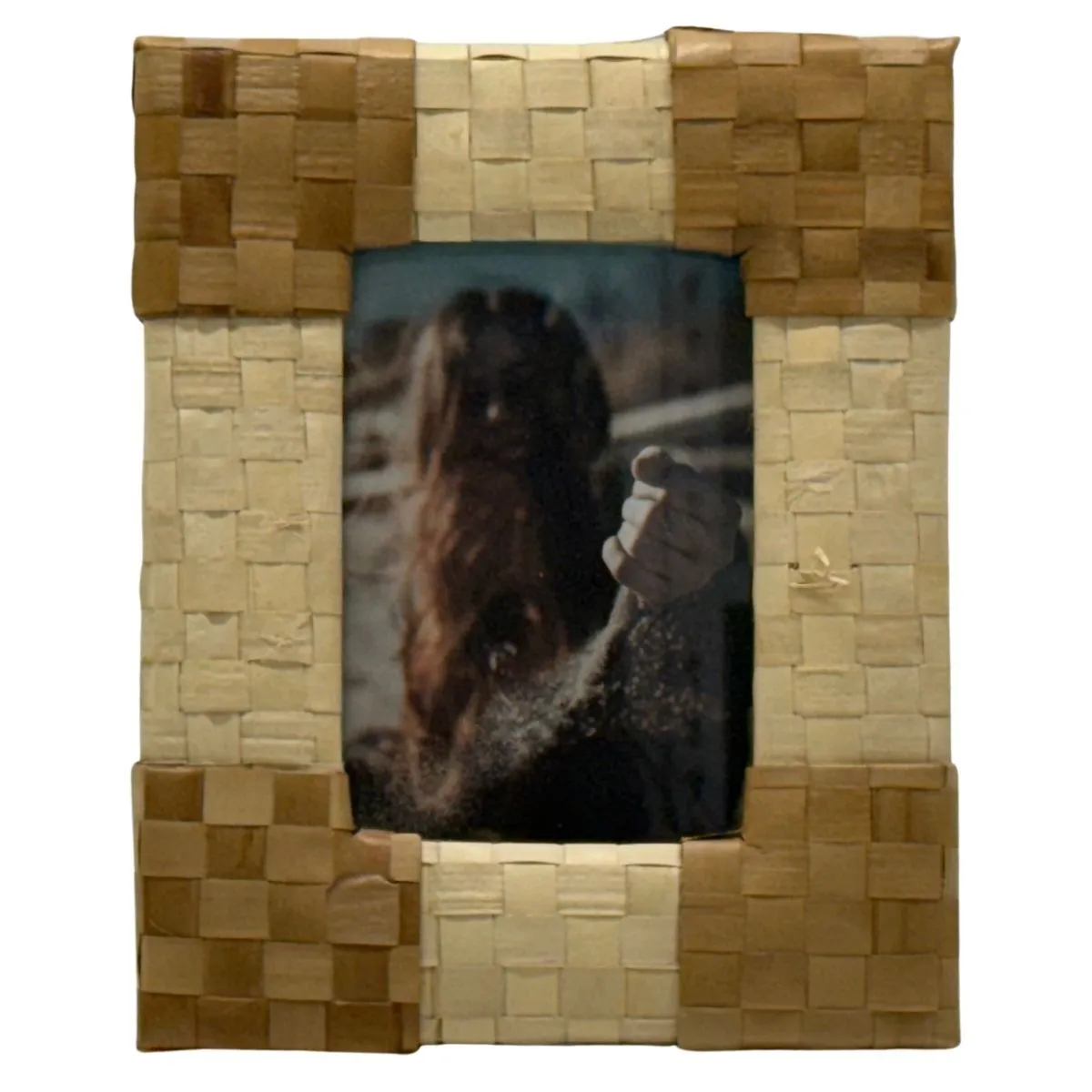 Woven Natural Grass Tabletop Frame With Girl With Sand Photograph