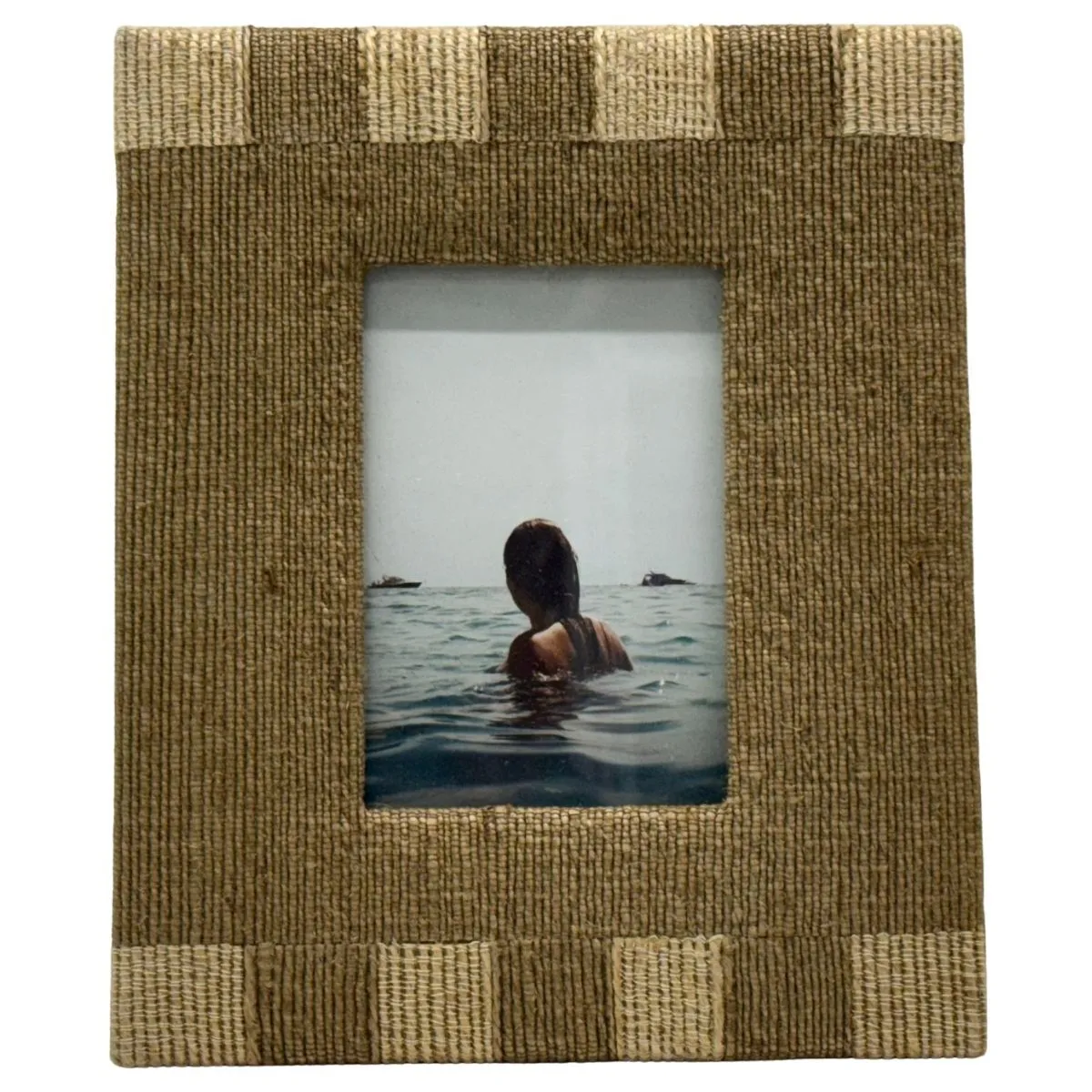  Tan & Brown Striped Block Woven Tabletop Frame With Woman Swimming Photograph
