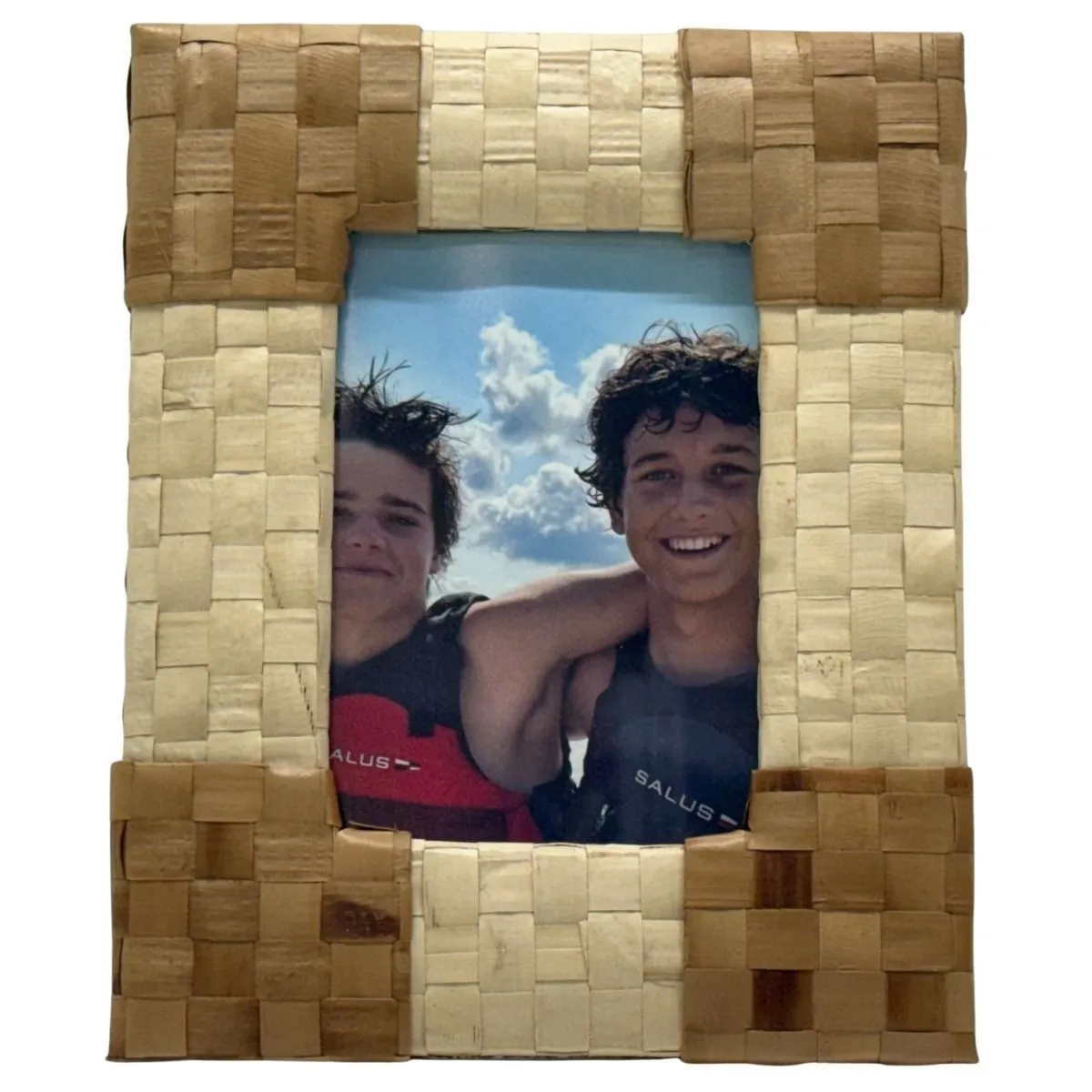 Woven Natural Grass Tabletop Frame With Outdoor Boys Photograph