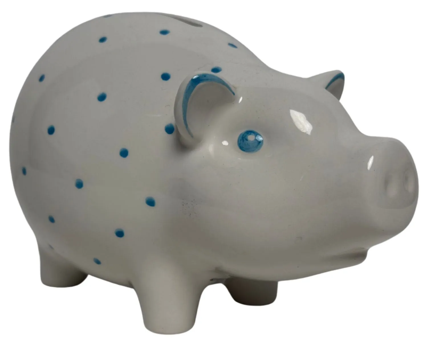 White & Blue Polka Dot Ceramic Pig Bank