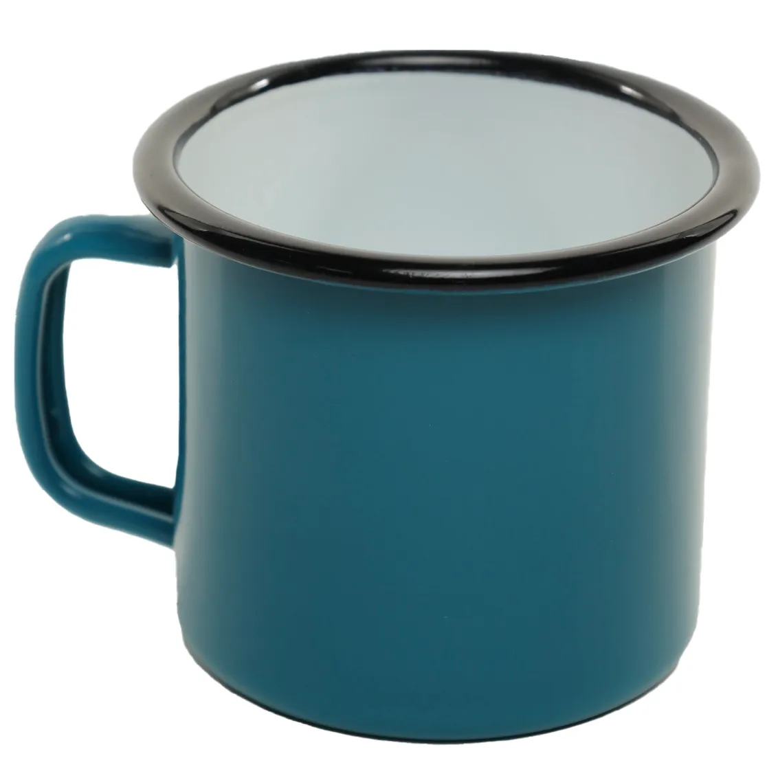 Deep Turquoise With White Interior & Black Rim Tin Enamel Camping Mug