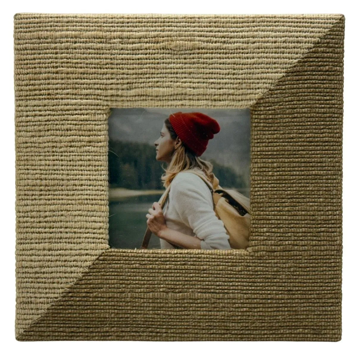 Two Tone Tan Square Woven Tabletop Frame With Backpacker Photograph