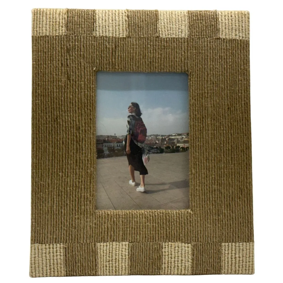  Tan & Brown Striped Block Woven Tabletop Frame With Woman Photograph