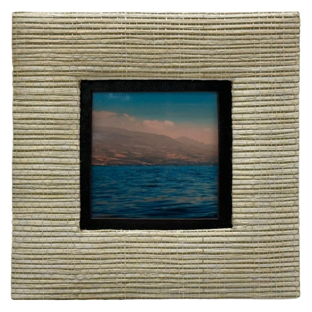 Tan Square Woven Tabletop Frame With Morning Lake Photograph