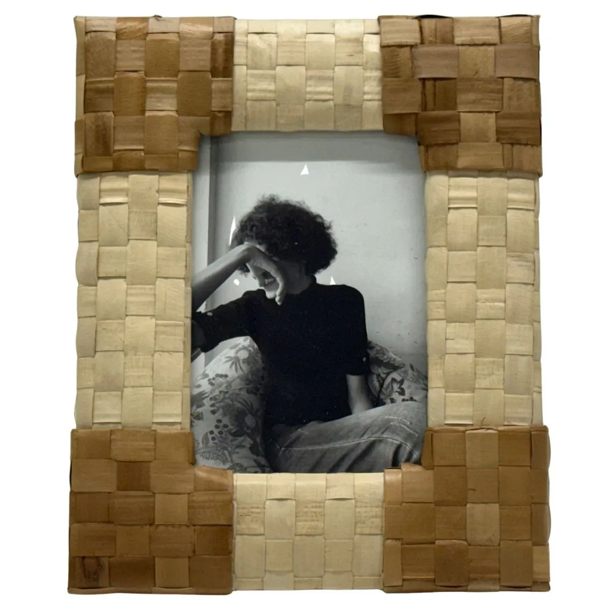 Woven Natural Grass Tabletop Frame With Woman In Chair Photograph