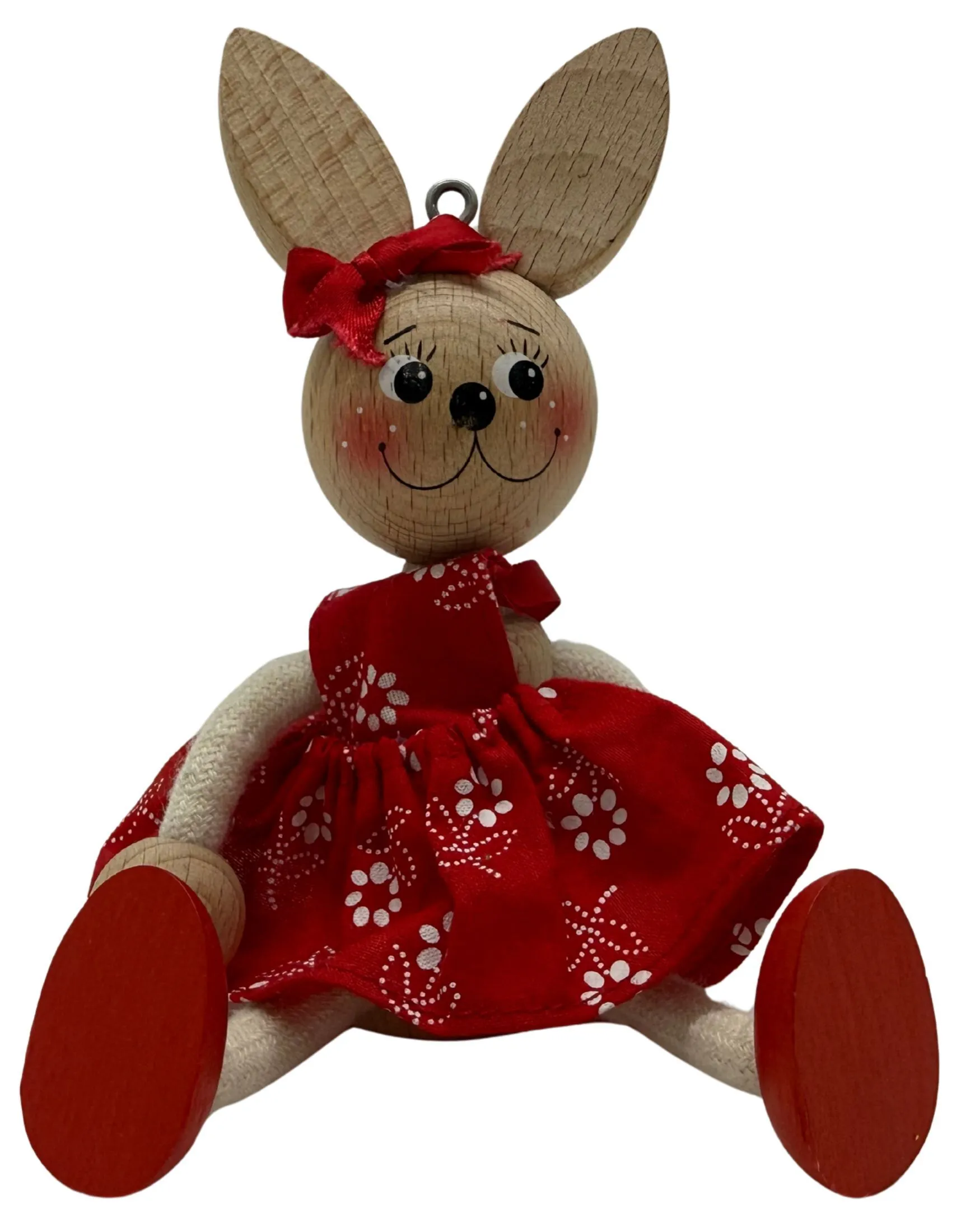 Natural Wood Rabbit With Red Dress Figurine