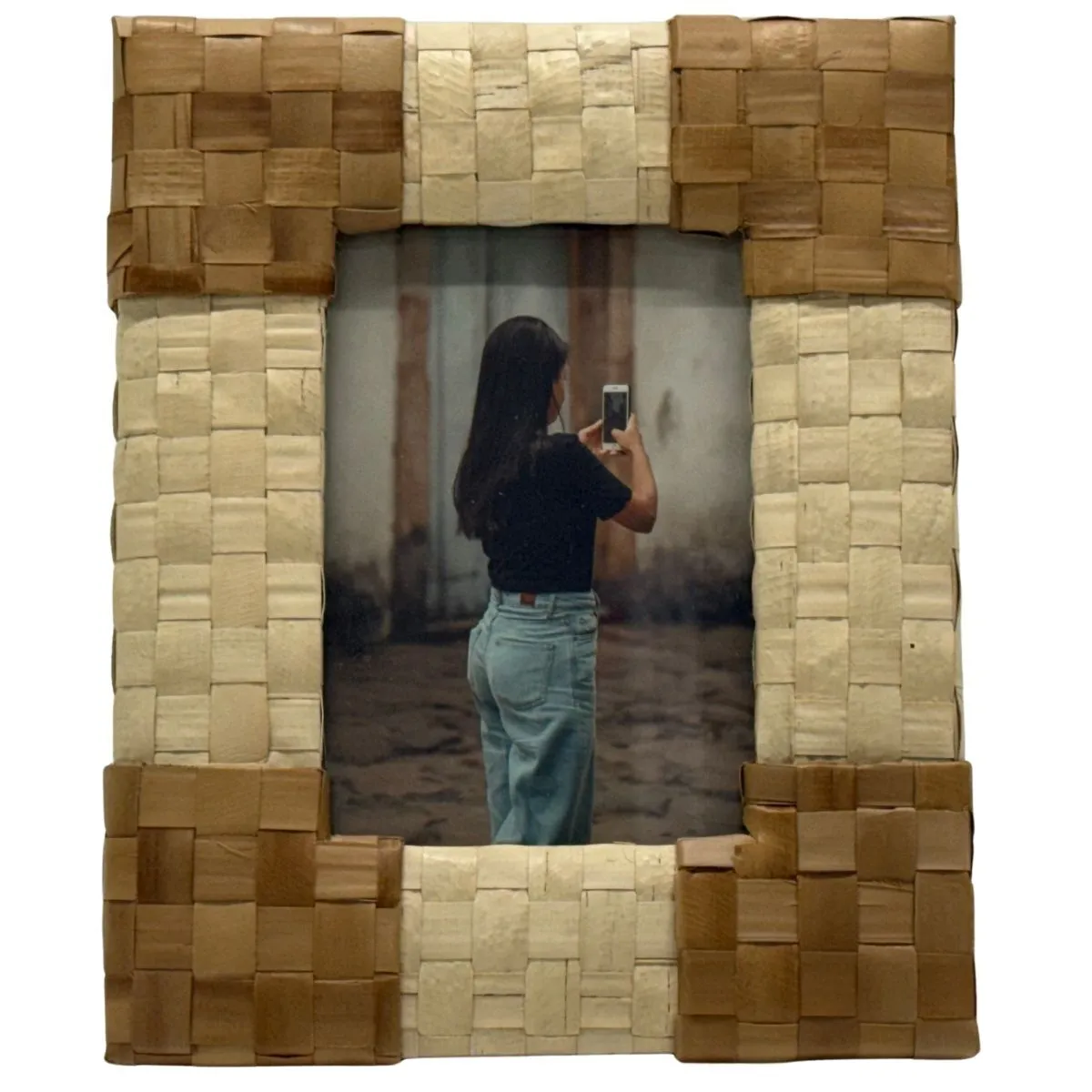 Woven Natural Grass Tabletop Frame With Woman With Phone Photograph