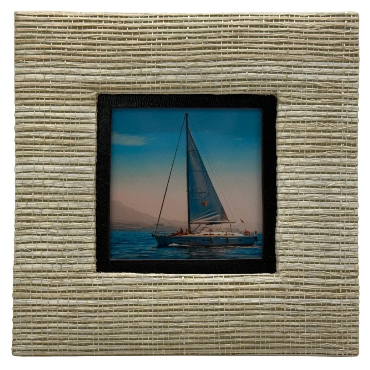 Tan Square Woven Tabletop Frame With Sailboat Photograph