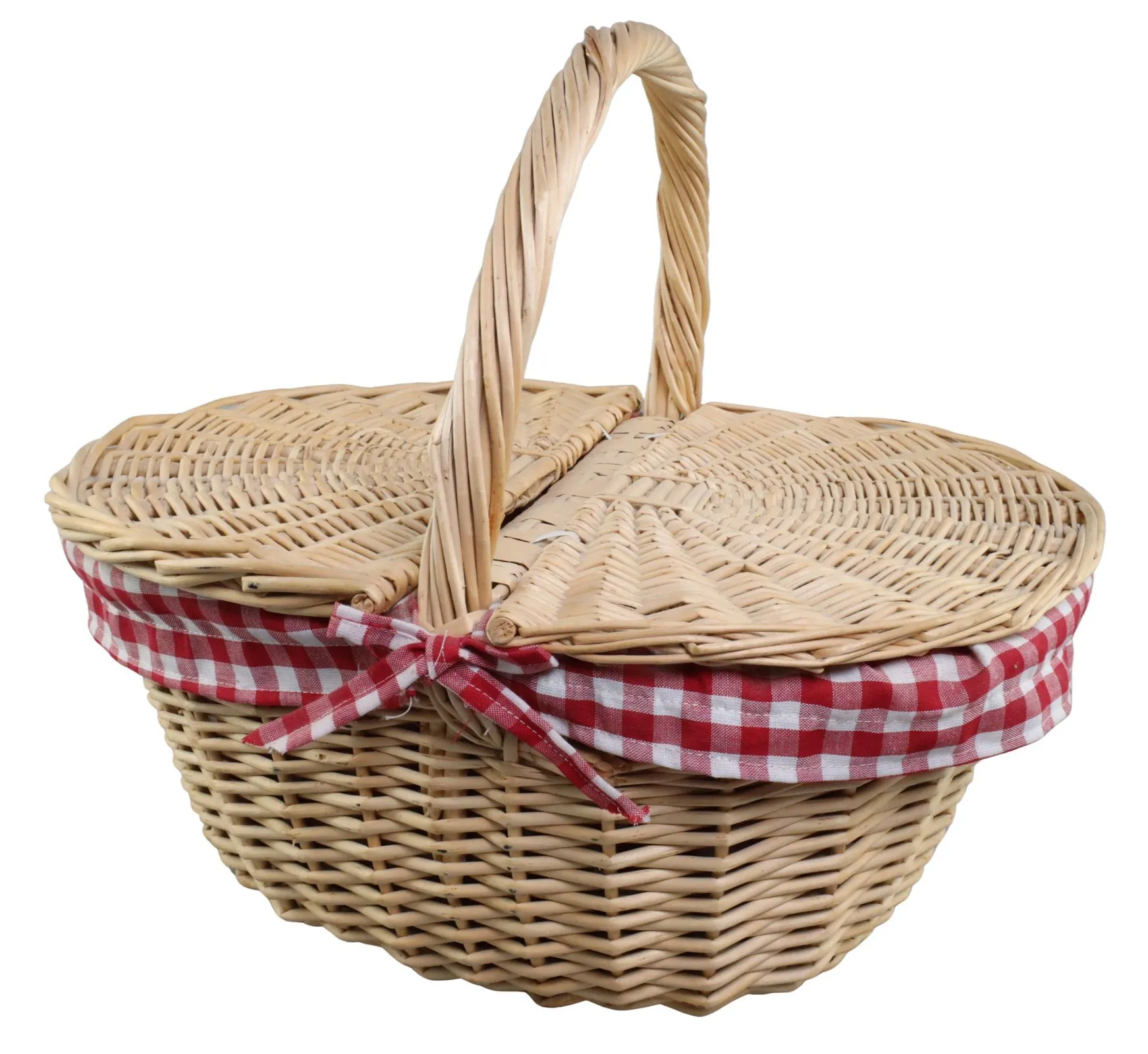 Natural Wicker Picnic Basket With Double Lid & Red Gingham Fabric